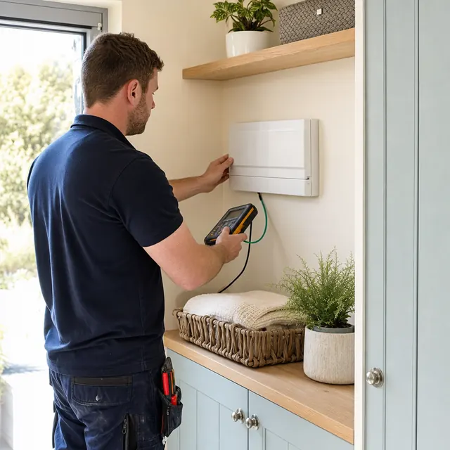 Electrician checking a small consumer unit in a bright living room