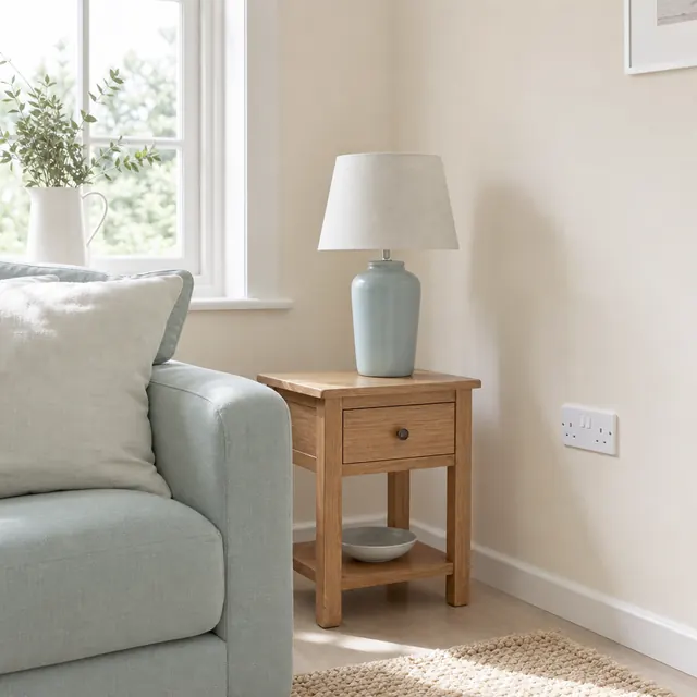 Bedside lamp and socket in a light, tidy bedroom