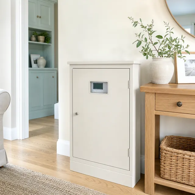 Electricity meter cupboard in a hallway