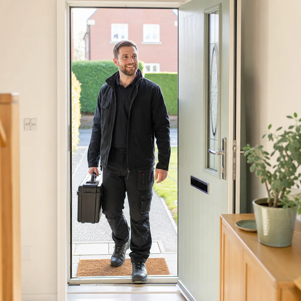 TRACEFORM electrician arriving at a front door with a tool case