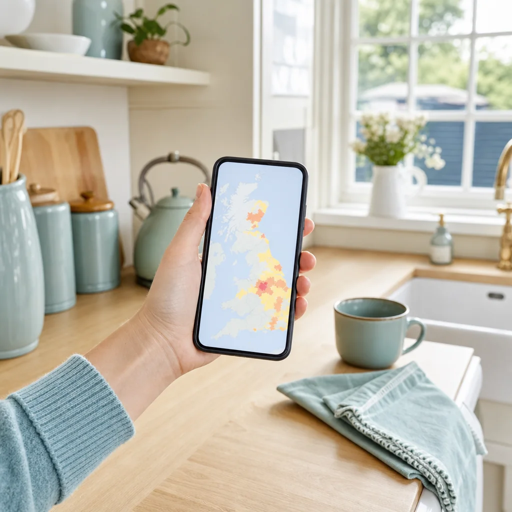Hand holding a phone showing a power-cut map in a kitchen