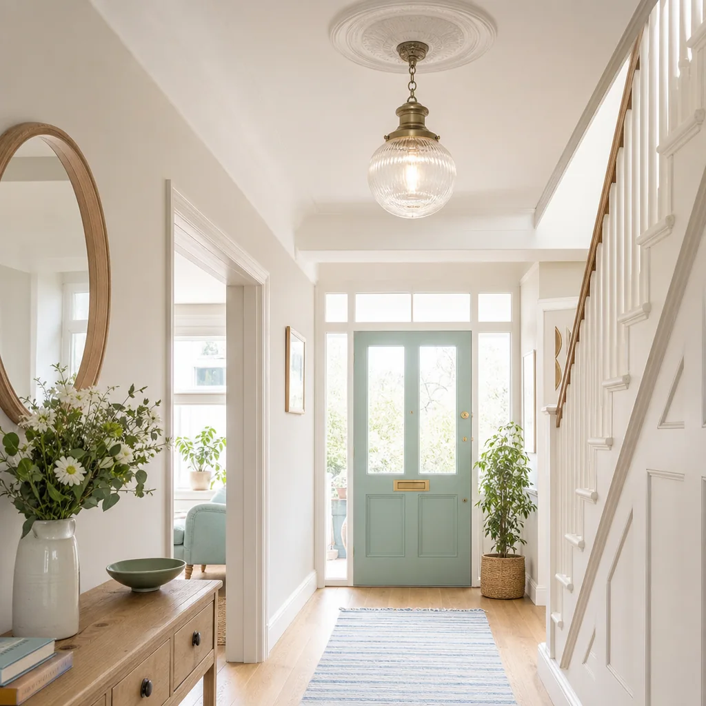 Bright hallway with the front door open onto the street