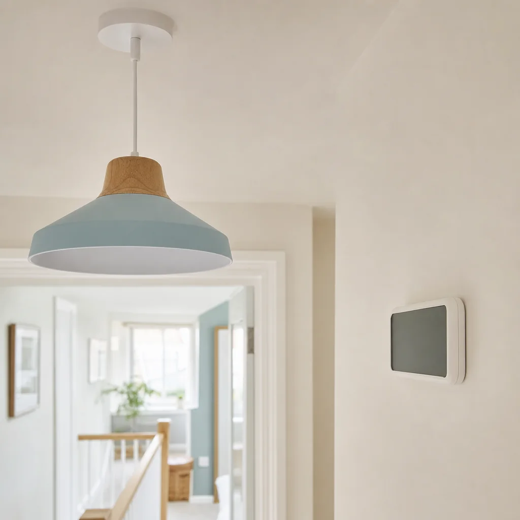 Hallway with the lights off and an unlit pendant lamp during a power cut