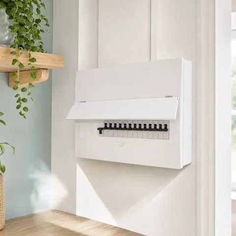 Consumer unit on a kitchen wall with the main switch off