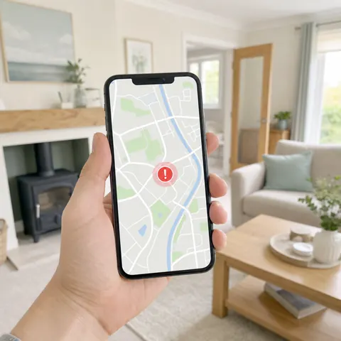 Hand holding a phone showing a power-cut map with an incident marker