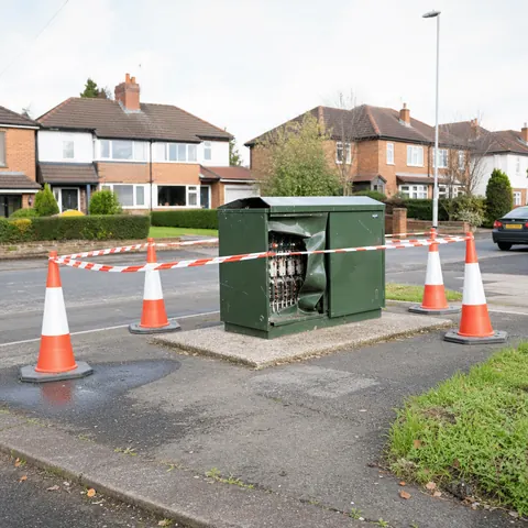Green electricity substation cabinet coned off on a pavement