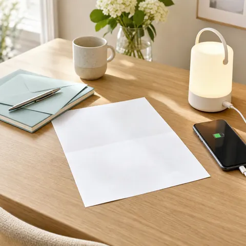 Printed notice on a desk beside a lamp and a charging phone