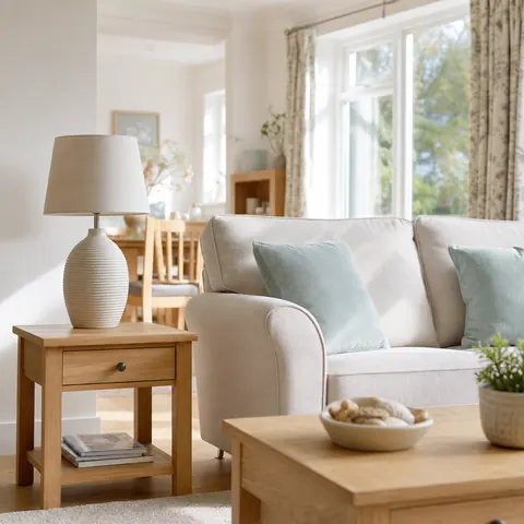 Living room with unlit lamps and a phone on the sofa during a power cut
