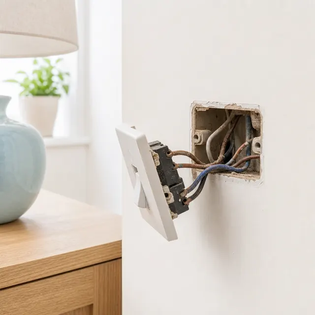 Old wiring with brittle insulation behind a removed socket