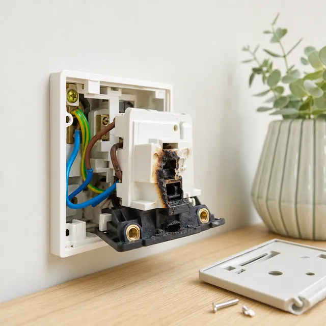 Removed socket faceplate showing the back box and terminals