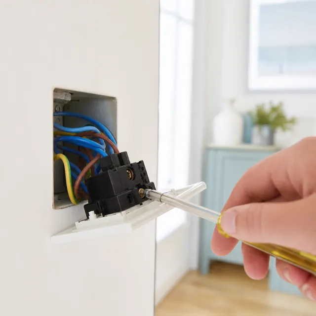 Screwdriver tightening a loose terminal inside a socket back box