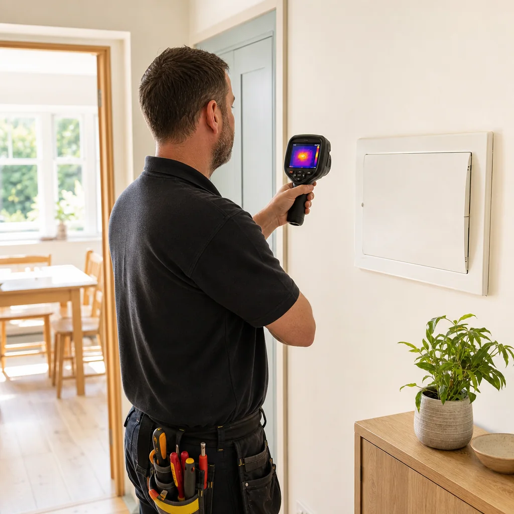 Electrician using a thermal camera to check a wall socket for heat