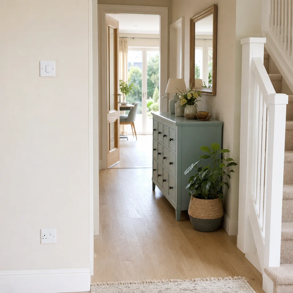Bright hallway with a wall socket beside a wooden sideboard