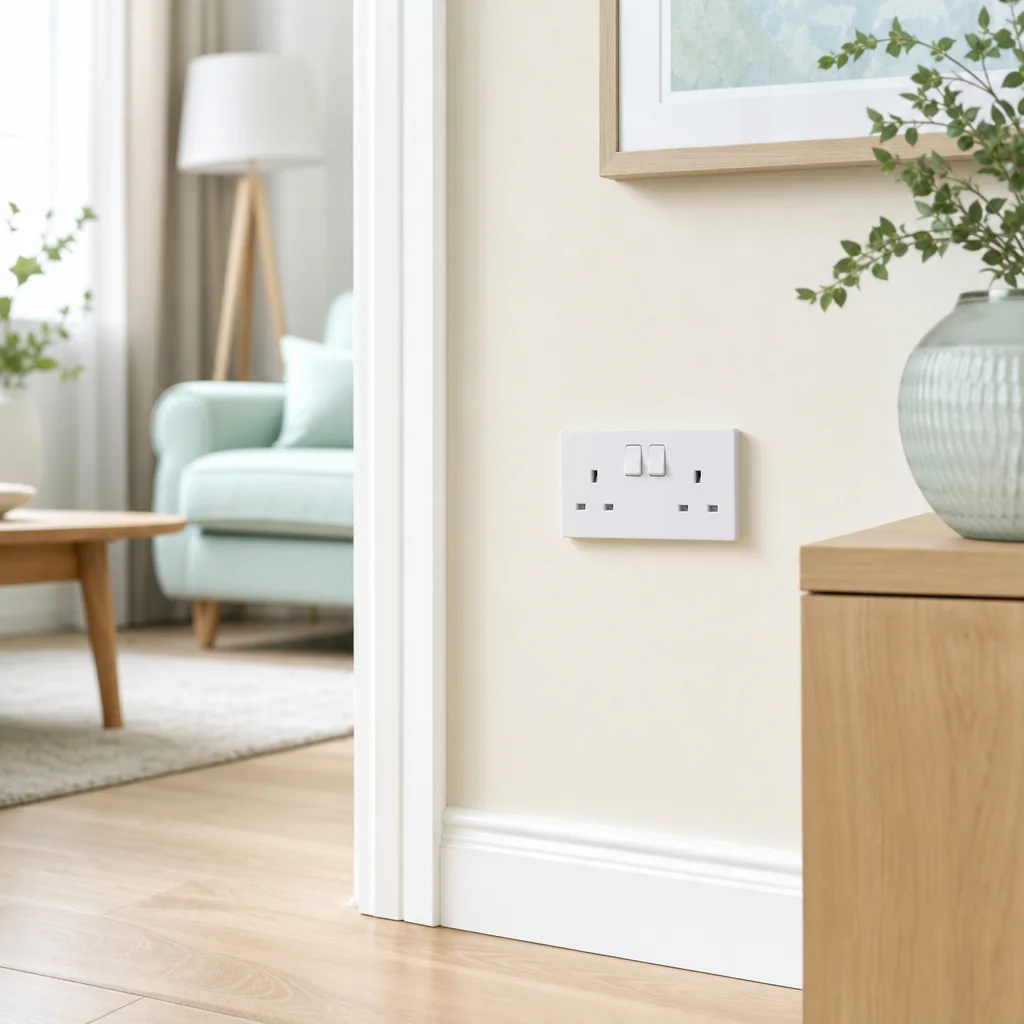 Bright living room with a socket on the wall by a wooden sideboard
