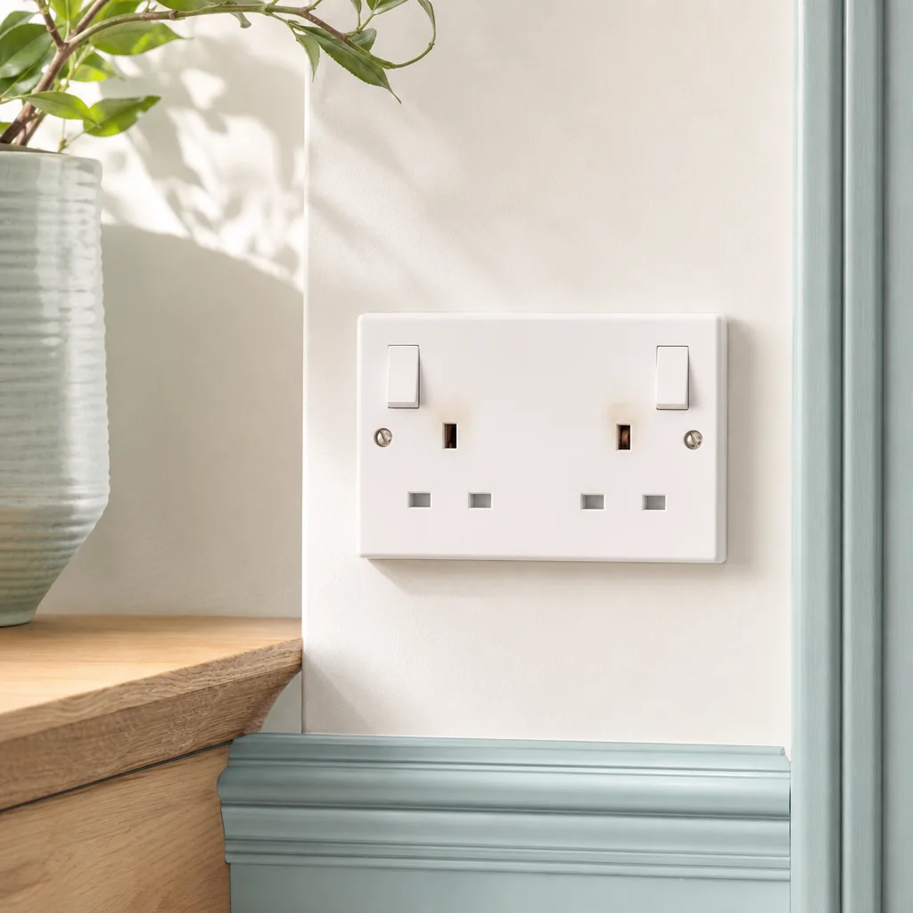 Clean white double socket on a plain wall in a bright room