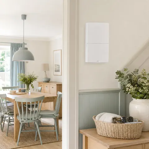 Consumer unit above a doorway in a bright hallway