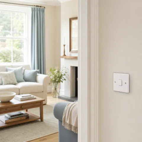 Bright living room with a socket on the wall by the sofa