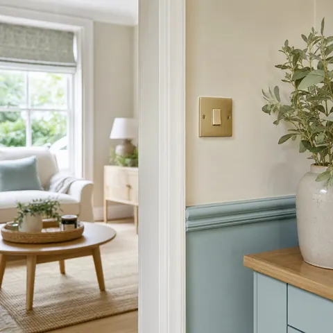 Brass light switch on a pale wall beside a window
