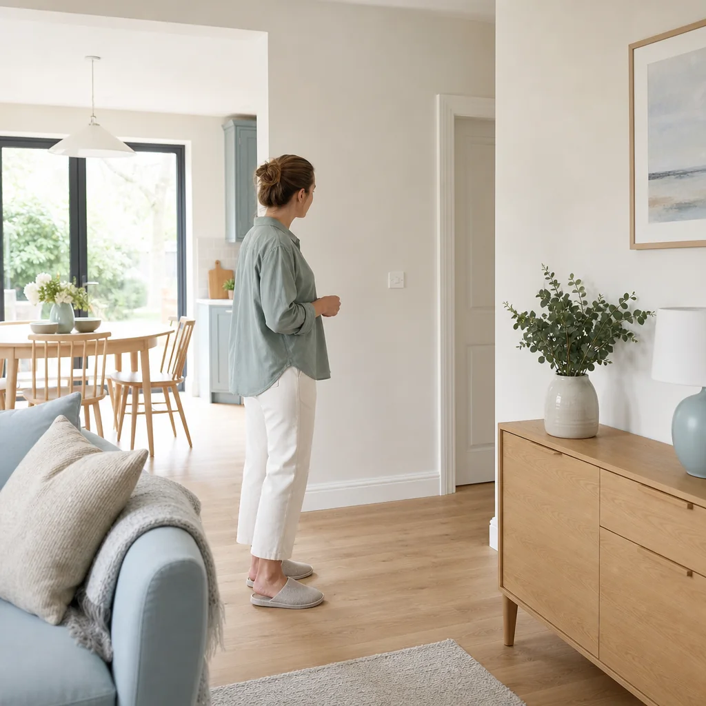 Woman standing in a bright living room looking towards a wall socket