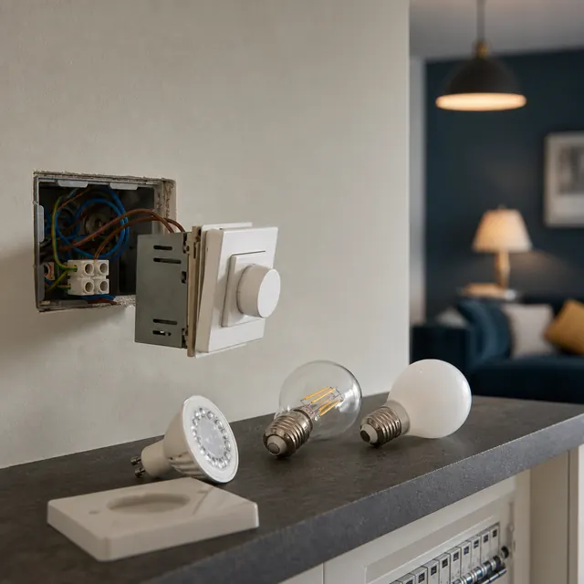 Dimmer switch removed from the wall with two LED bulbs beside it