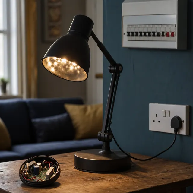 Black desk lamp with an LED bulb on a side table