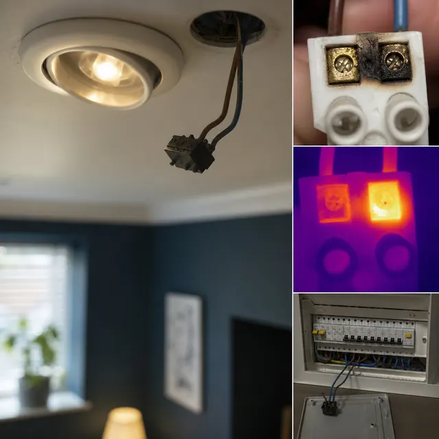 Thermal camera showing a hotspot inside an open consumer unit