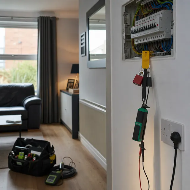 Voltage tester and equipment on the floor beside a socket