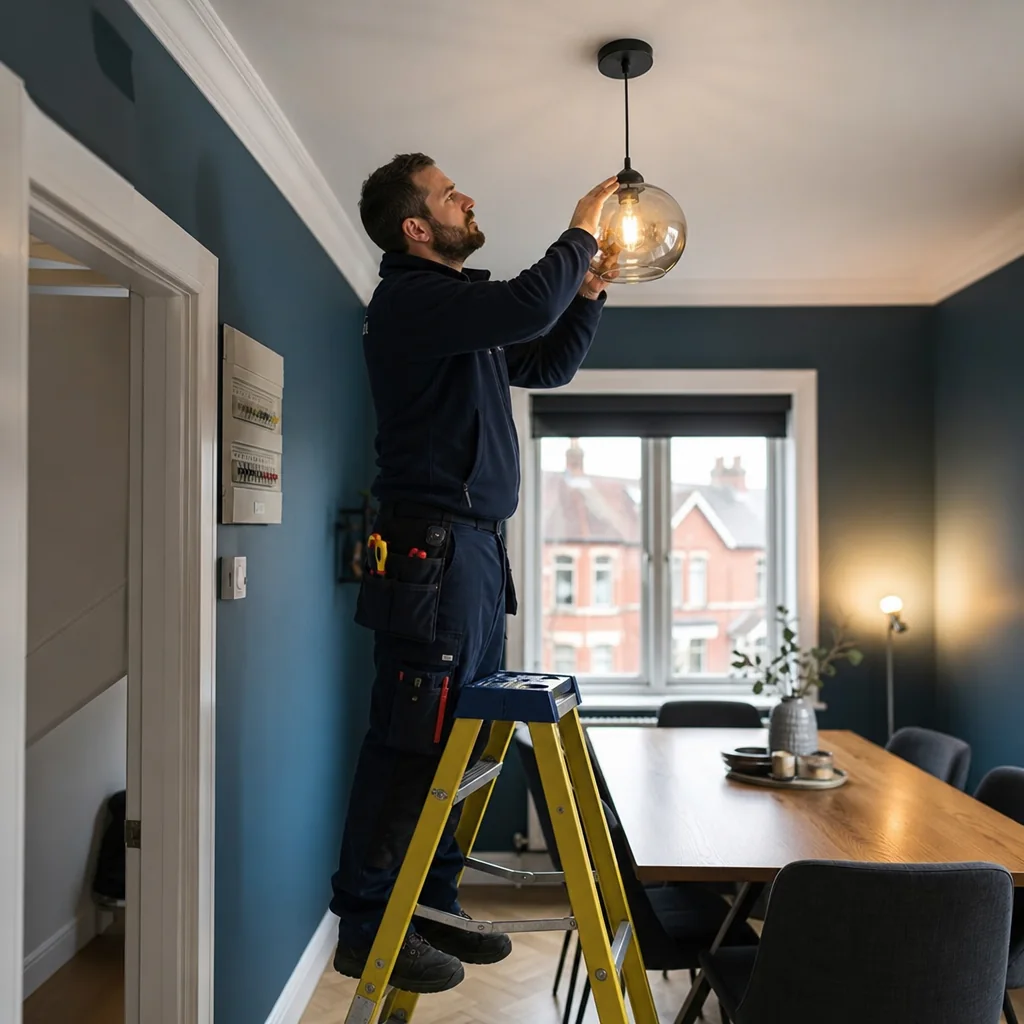 TRACEFORM electrician on a step ladder changing a pendant bulb