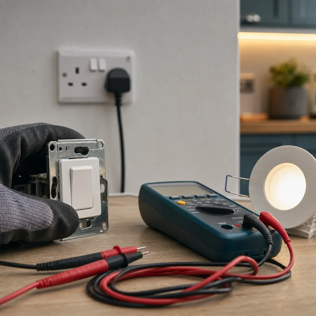 Dimmer switch, multimeter and LED bulb laid out on a worktop
