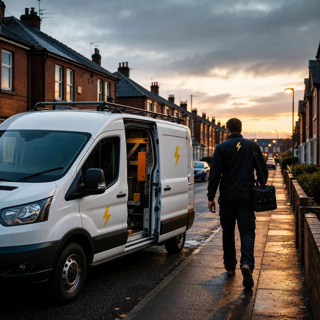 TRACEFORM electrician walking from the van along a terraced street