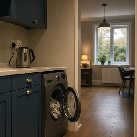 Kitchen with a washing machine running and a kettle on the worktop