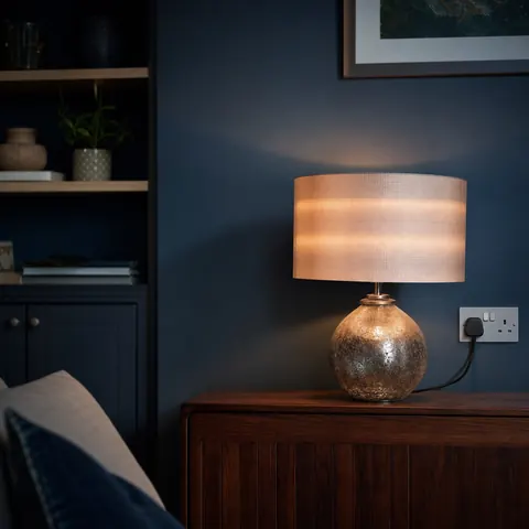 Glass table lamp lit on a sideboard in a dark blue room