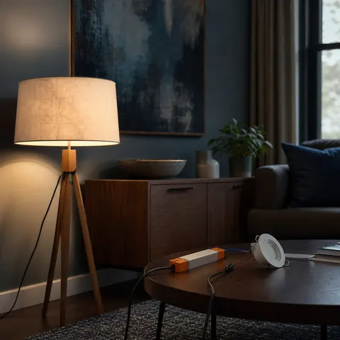 Single tripod floor lamp lit in a dim living room