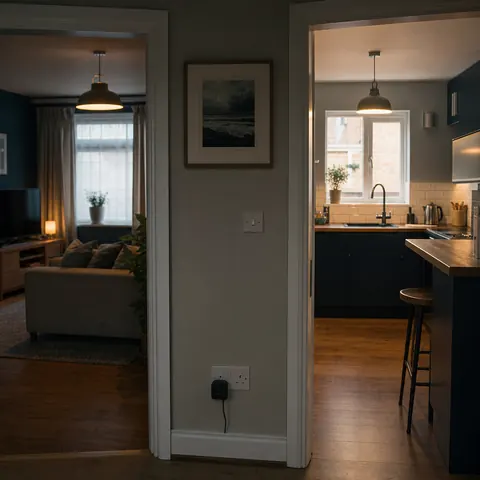 View through several rooms with the lights dimmed