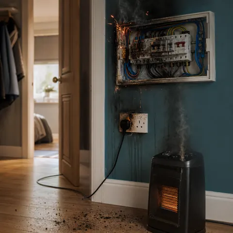 Smoke rising from a plug-in appliance in a dim living room