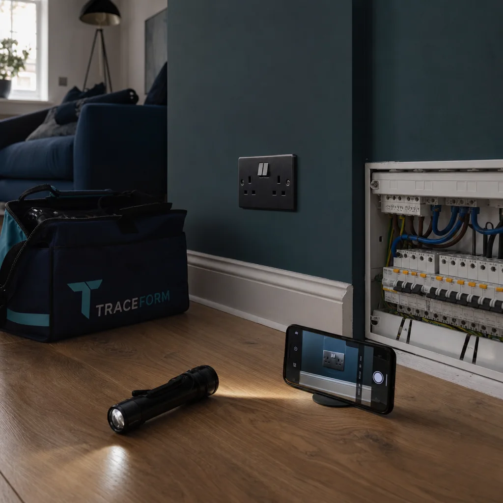 Torch, phone and tool case on the floor beneath a consumer unit
