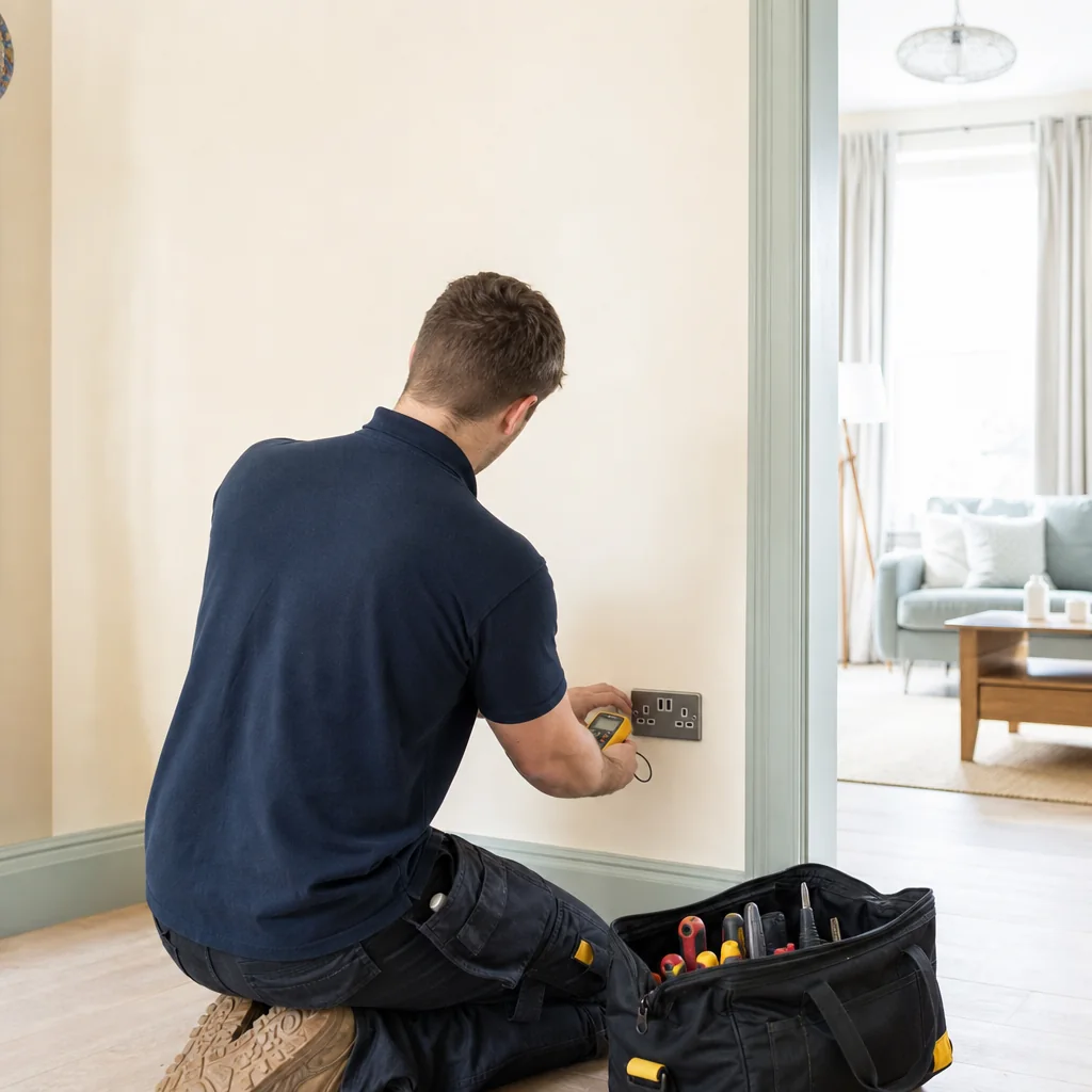 TRACEFORM electrician fixing a socket in a bright rental living room
