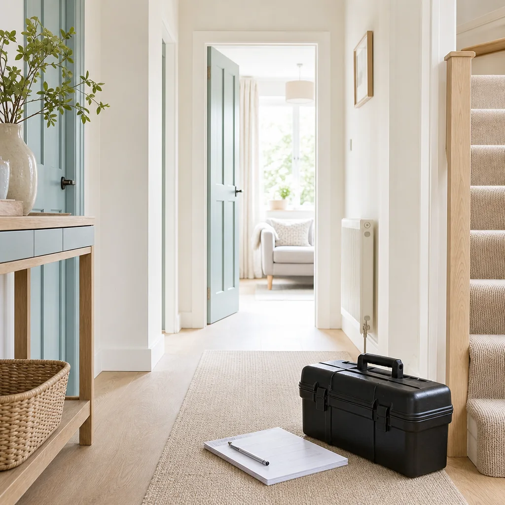 Consumer unit and tool case in the hallway of a rental property