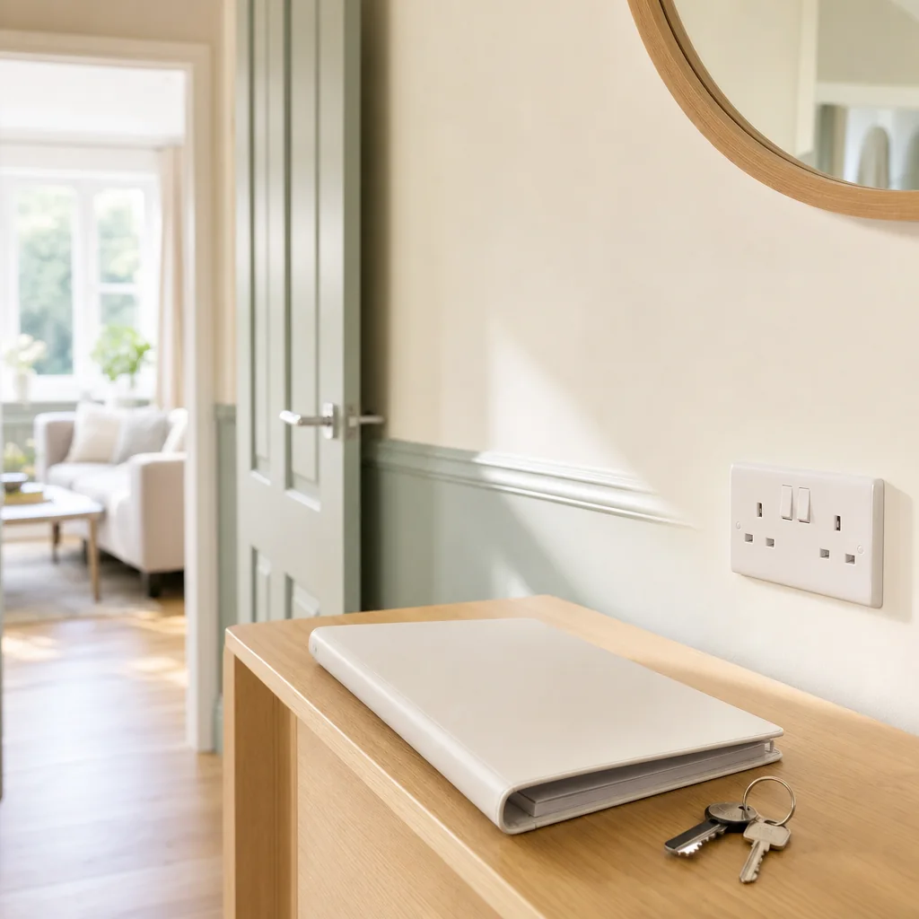 Bright landing with a socket on the wall beside a bedroom door
