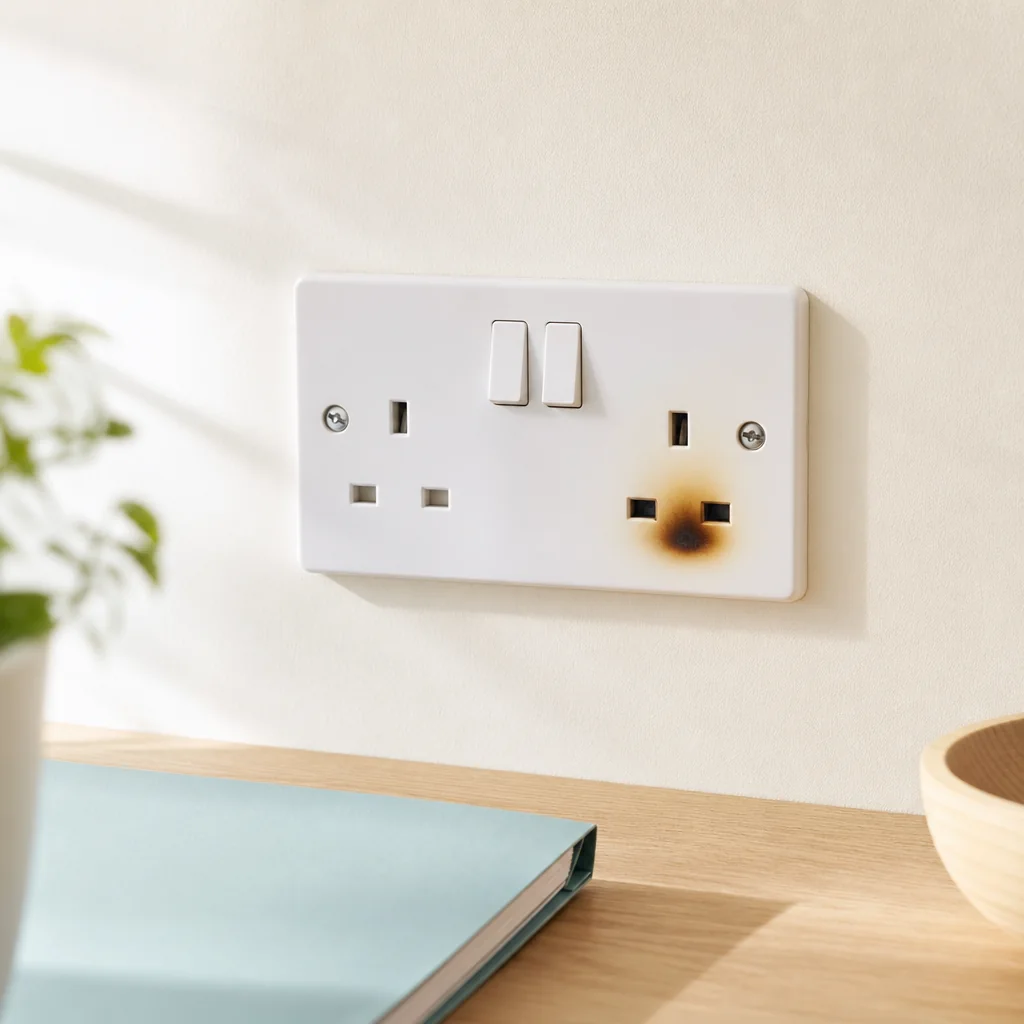 White double socket with burn marks around one outlet in a rented home