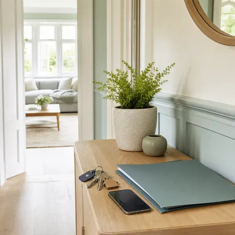 Keys and a folder on a hallway table in a rental property