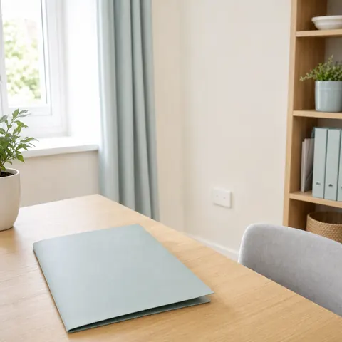 Tablet and notebook on a desk in a bright rented flat