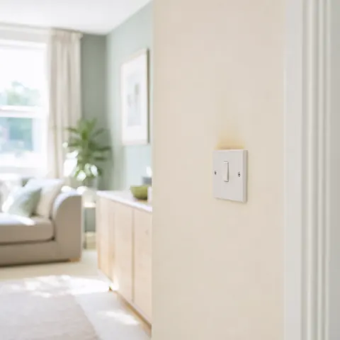 Light switch and pendant light in a rental hallway