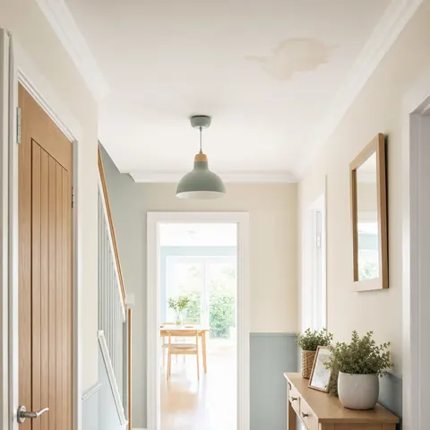 Hallway with a door open onto a garden after rain