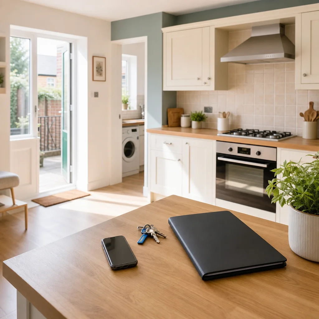 Keys, phone and tablet on a kitchen table in a rental property