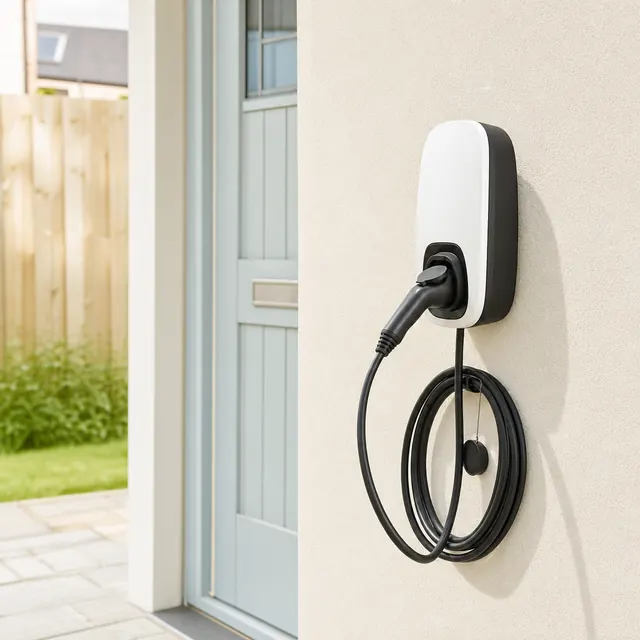 Wall-mounted EV charger with its cable coiled beside a front door