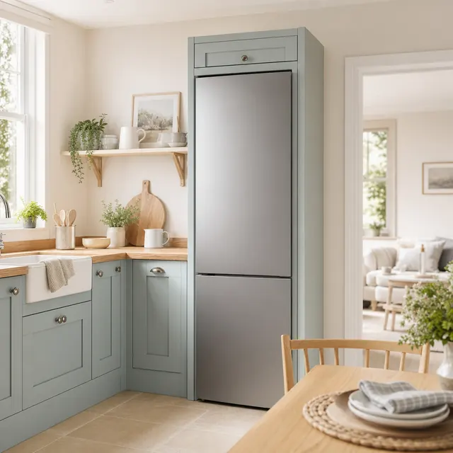 Fridge freezer in a light kitchen next to a socket