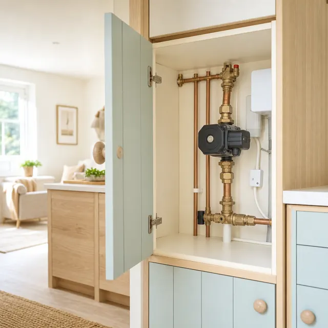 Central heating pump and copper pipework in an airing cupboard