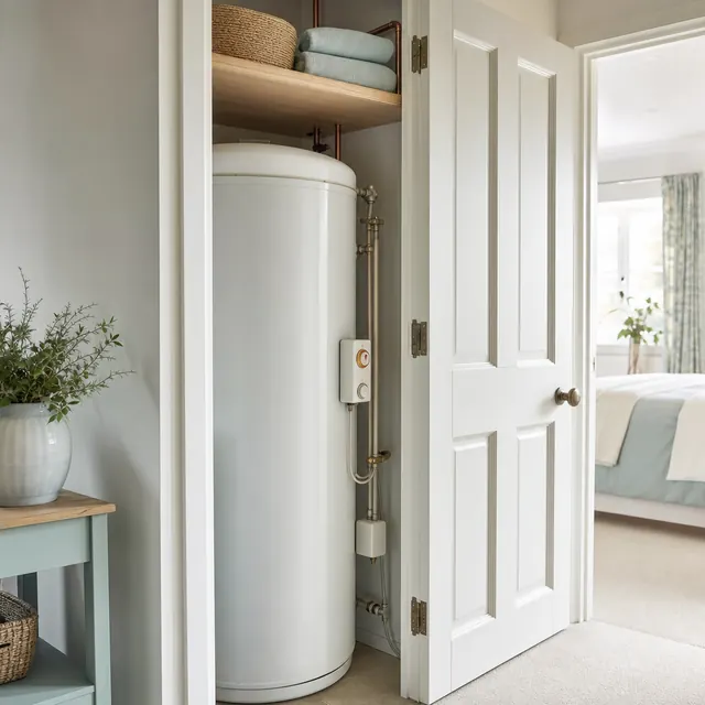 Hot water cylinder with an immersion heater in an airing cupboard