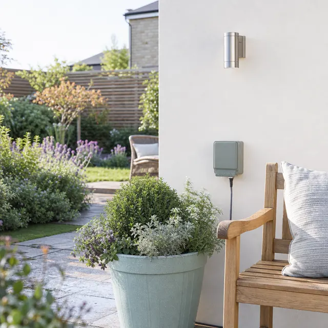 Garden lighting and an outdoor socket on a patio wall